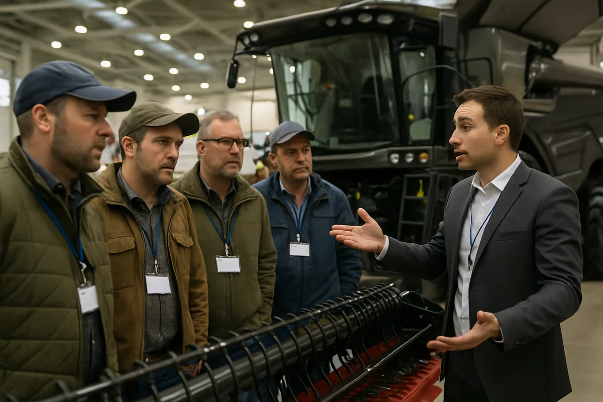 Groupe de visiteurs agriculteurs consultant une moissonneuse-batteuse sur un stand pendant le salon Agritechnica à Hanovre