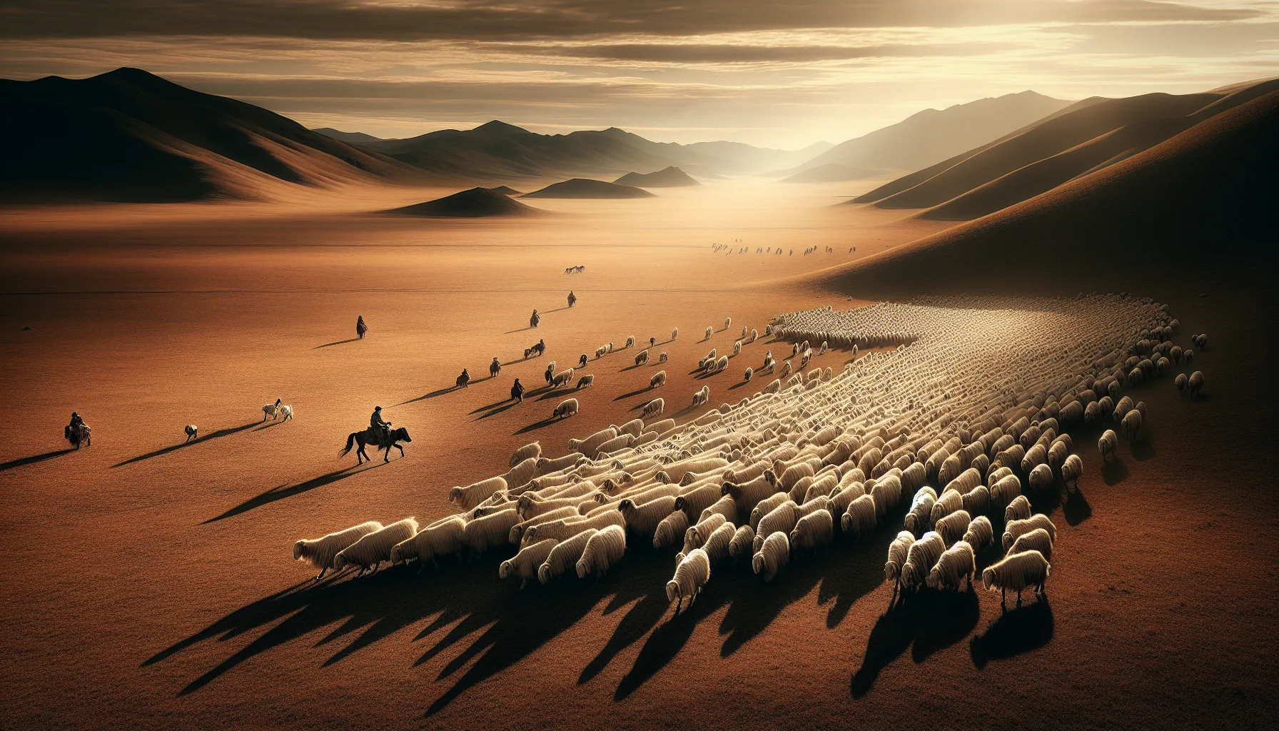 Troupeau de chèvres à cachemire sur la steppe mongole avec berger à cheval