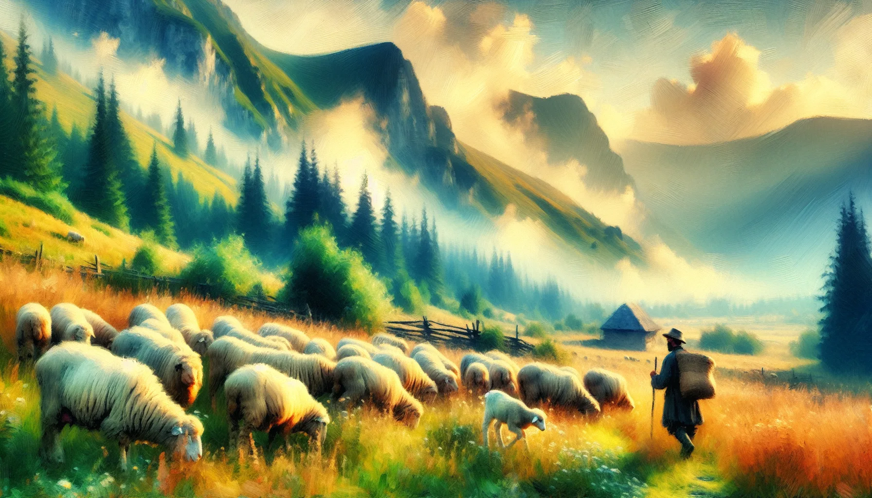 Berger roumain avec troupeau de moutons dans les prairies des Carpates sous le soleil