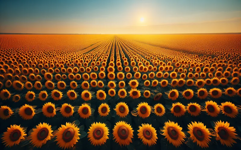 Champs de tournesols ukrainiens à perte de vue avec leurs grandes fleurs jaunes sous le ciel bleu des plaines fertiles d'Ukraine en été