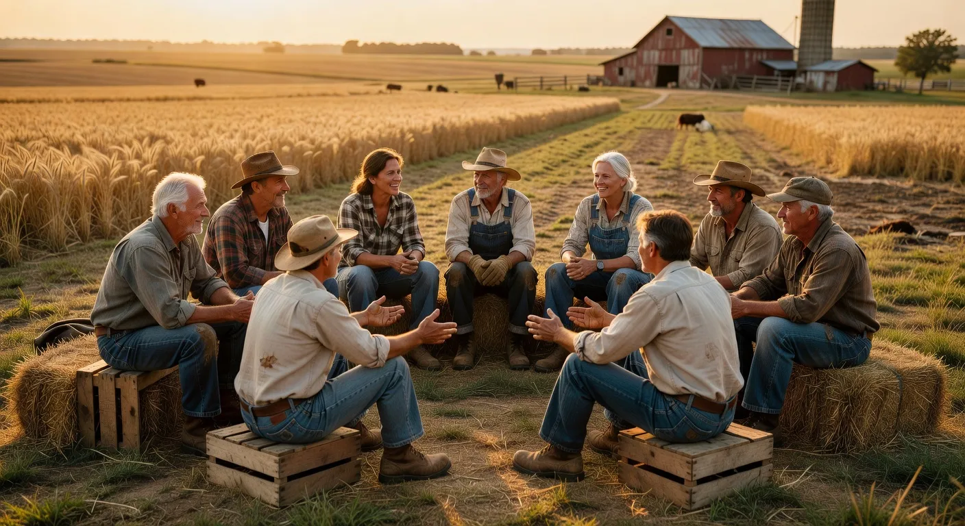 Assemblée paysanne en plein air — cercle de discussion entre agriculteurs