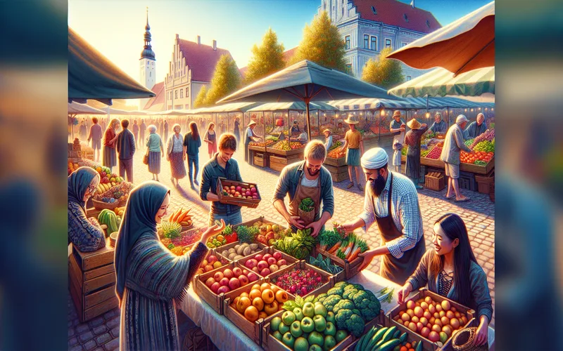 Marché paysan dans les pays baltes avec étals de produits locaux, légumes frais et produits naturels sur une place de village ensoleillée