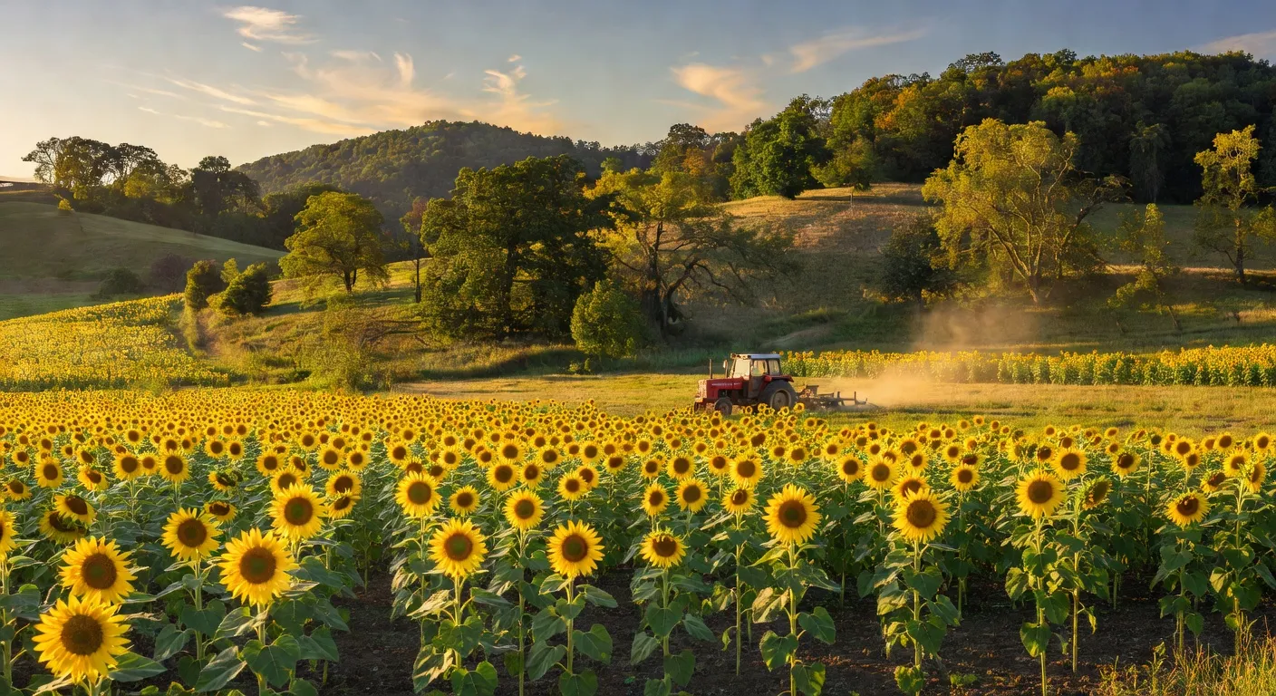 Paysage agricole balkanique, champs de tournesols et collines boisees