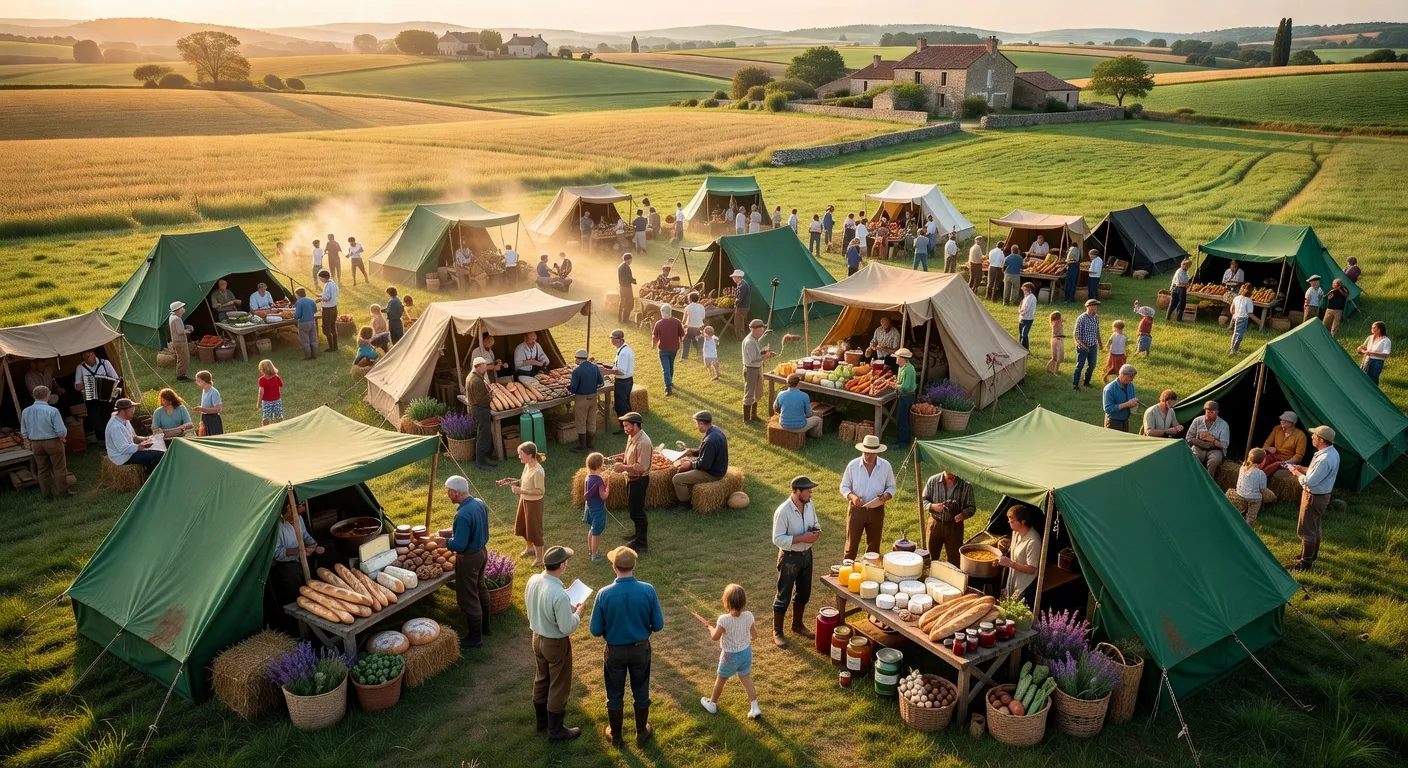 Rassemblement paysan en plein air, tentes vertes et stands de producteurs
