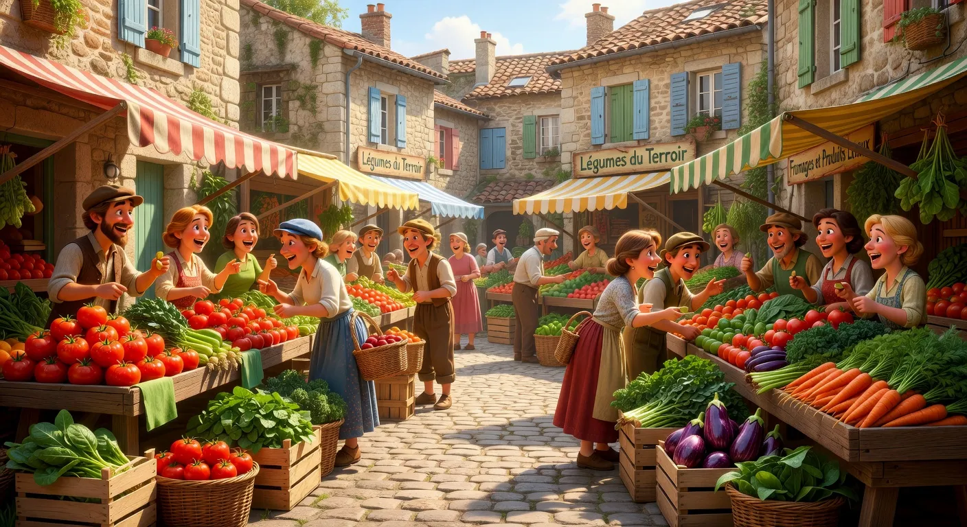 Marché de producteurs animé avec échanges entre vendeurs et clients