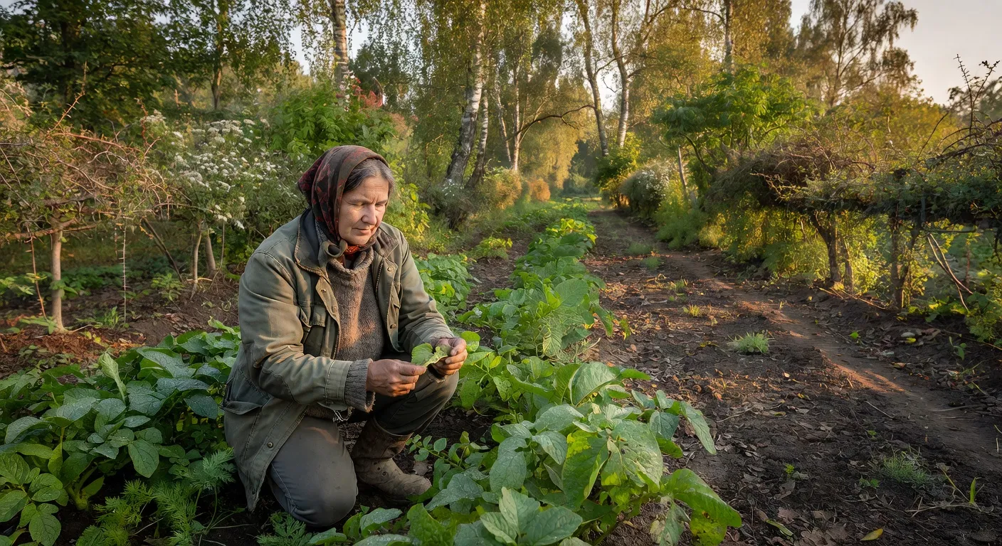 Agricultrice inspectant ses cultures en zone agroforestiere, haies en arriere-plan