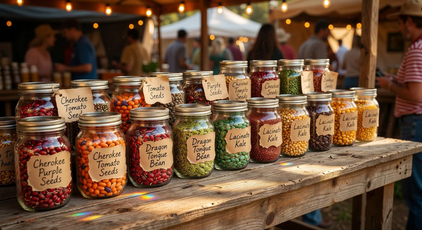 Stand de semences paysannes lors d'une rencontre agricole — graines, étiquettes, échange