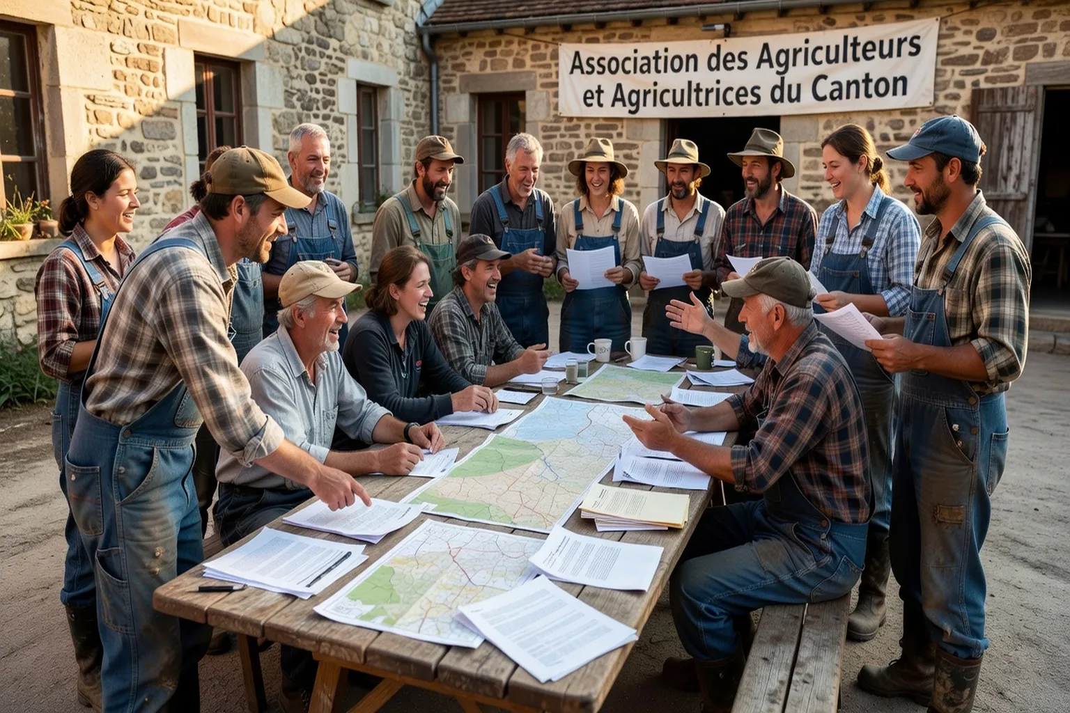 Agricultrices et agriculteurs discutant autour d'une table lors d'un événement associatif rural